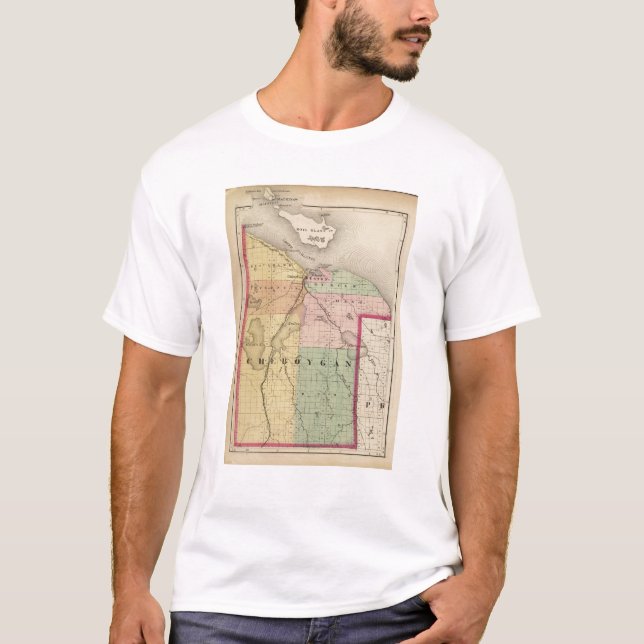 T-shirts Mapa do condado de Cheboygan, Michigan (Frente)