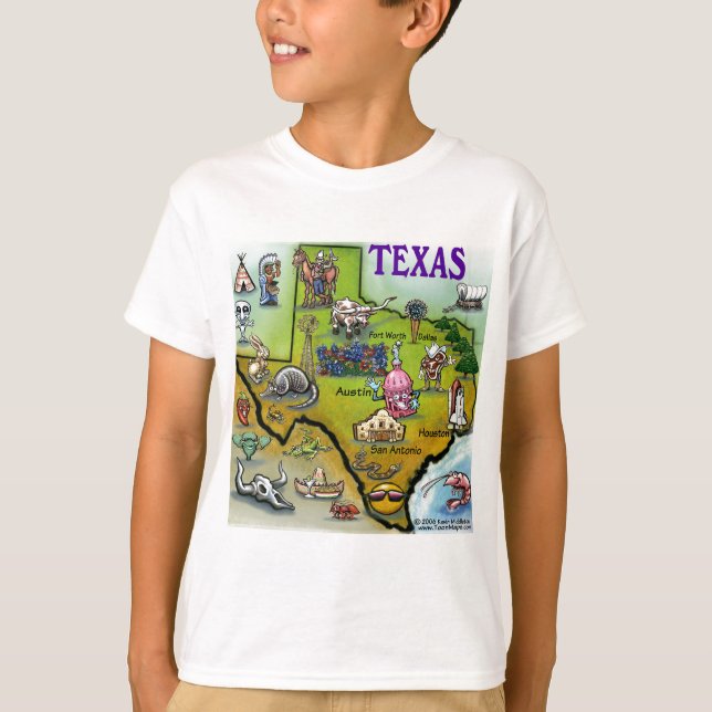 T-shirts Mapa dos desenhos animados de TEXAS (Frente)