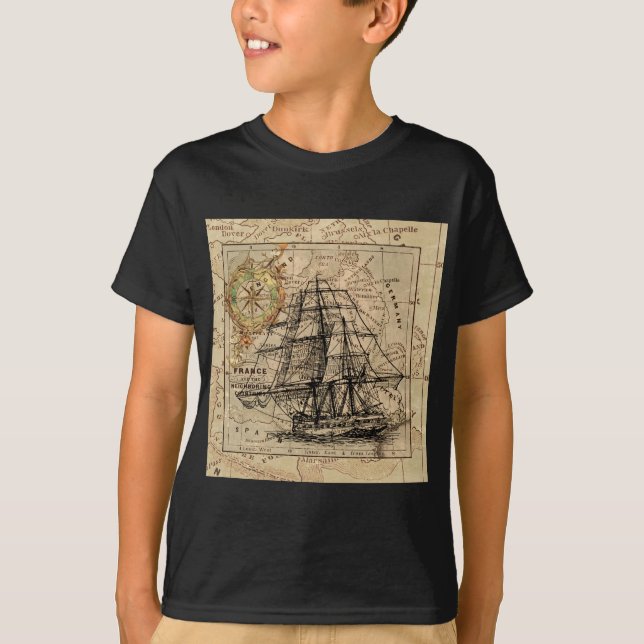 T-shirts Mapa e navio antigo do General France (Frente)
