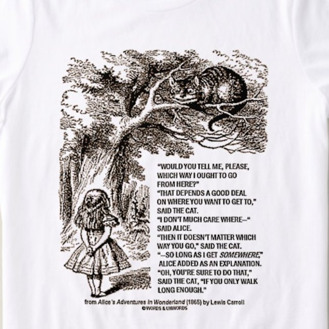 T-shirts Maravilha Que Forma Eu Deveria Ir Citar (Wonderland humor tee featuring infamous conversation between Alice & Cheshire Cat)