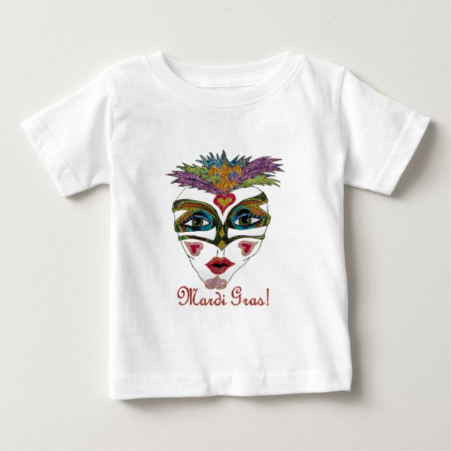 T-shirts Máscara de Pena Brilhante Colorida de Mardi Gras (Frente)