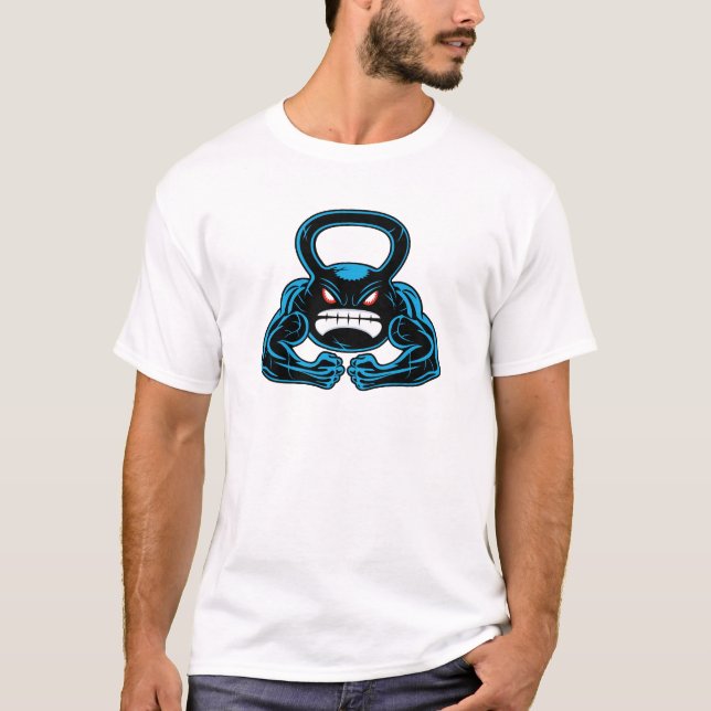 T-shirts mascote irritada muscular do kettlebell (Frente)