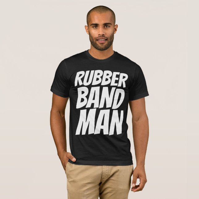 T-shirts masculinas engraçadas, RUBBERBAND MAN (Frente Completa)