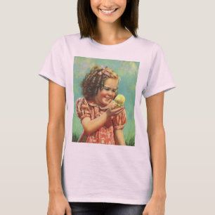 T-shirts Menina Antiga com Pintinho, Criança Feliz Sorri