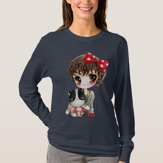 T-shirts Menina bonito com o gato preto do kawaii (Frente)
