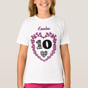T-shirts Menina do aniversário do roxo e da xadrez nome