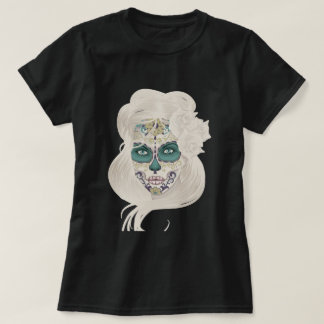 T-shirts Menina do crânio do açúcar do vintage com rosas v4