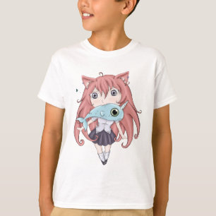 T-shirts Menina do gato de Chibi com bebê Narwal