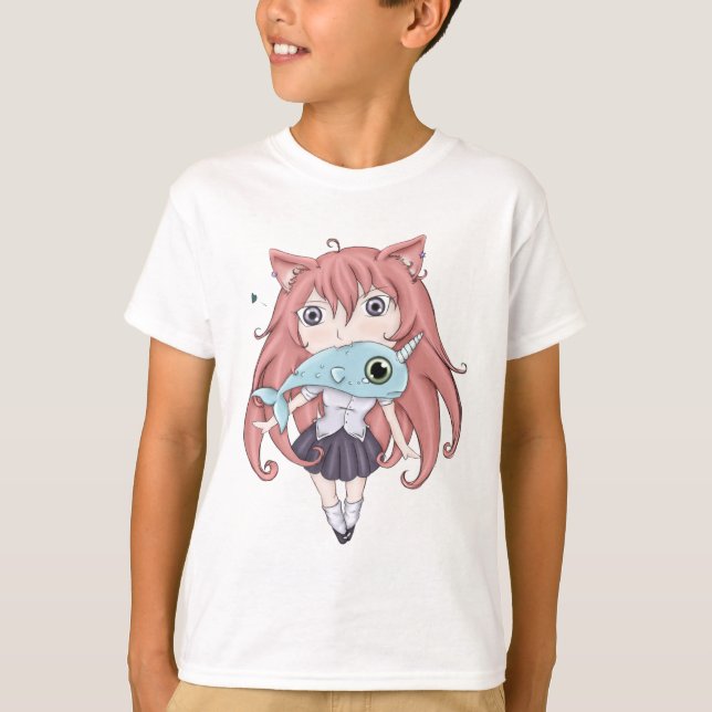 T-shirts Menina do gato de Chibi com bebê Narwal (Frente)