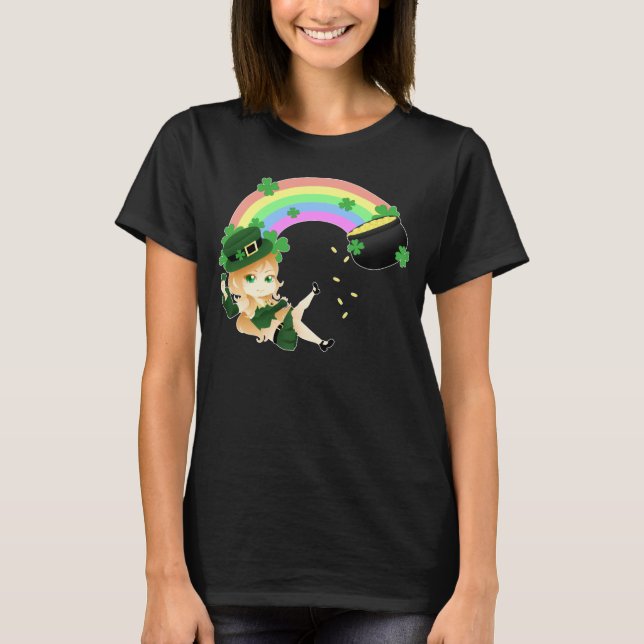 T-shirts Menina irlandesa bonito do leprechaun do chibi com (Frente)