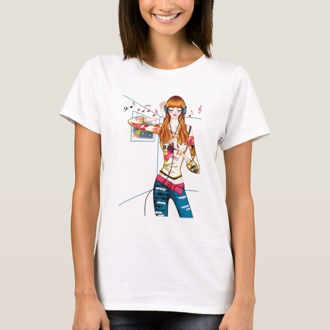T-shirts Menina que bloqueia com fones de ouvido (Frente)