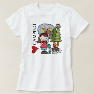 T-shirts Menina que do cabelo de Brown eu amo acampar
