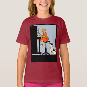 T-shirts Menina que joga o piano, cão, estilo retro