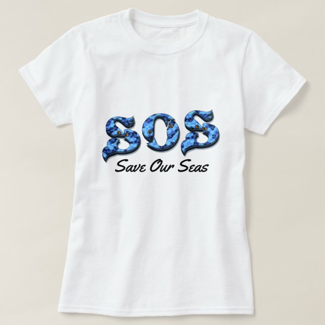 T-shirts Mensagem Aquática 'S.O.S.: Salve nossos mares' de  (Frente do Design)