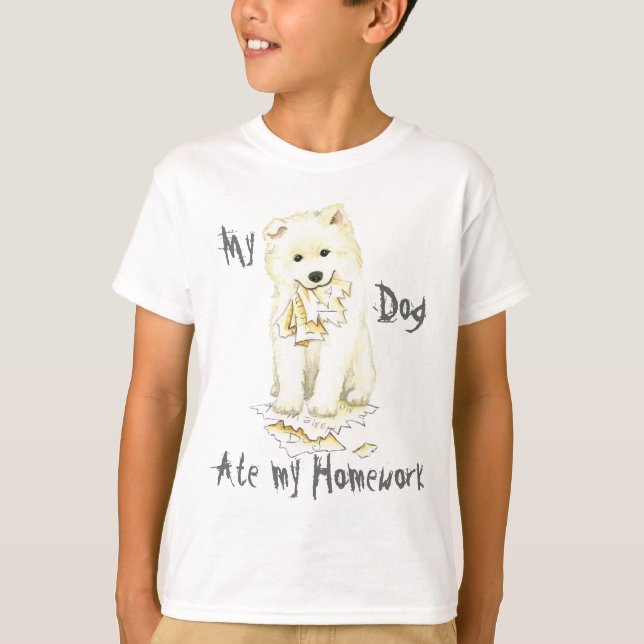 T-shirts Meu Samoyed comeu meus trabalhos de casa (Frente)
