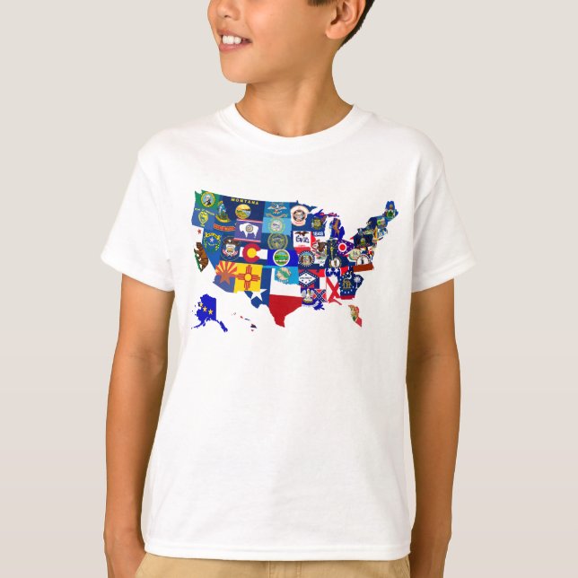 T-shirts Mosaico de Sinalizadores de Estado do Mapa America (Frente)