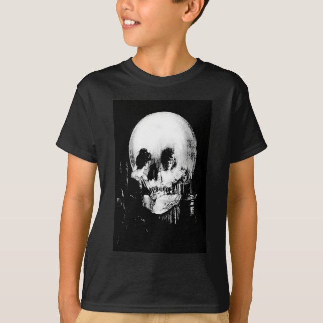 T-shirts Mulher com Reflexão do Crânio Halloween Espelhada (Frente)