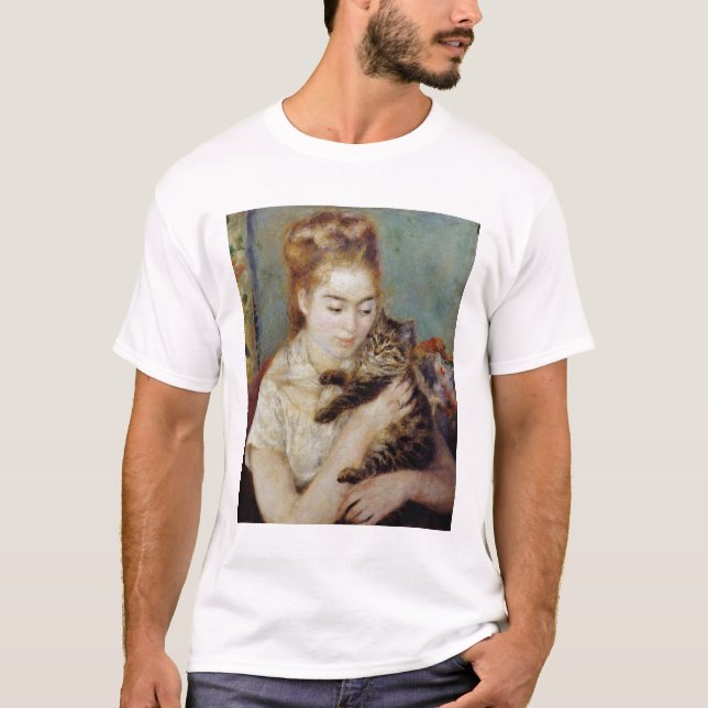 T-shirts Mulher com um gato por Pierre-Auguste Renoir (Frente)