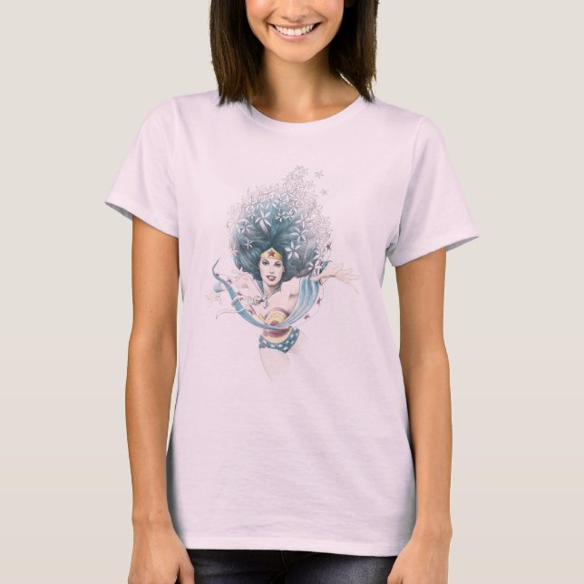 T-shirts Mulher Maravilha e Flores (Frente)