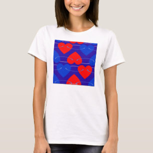 T-SHIRTS MULHERES - CORAÇÕES VERMELHAS E AZUIS EM BRANCO