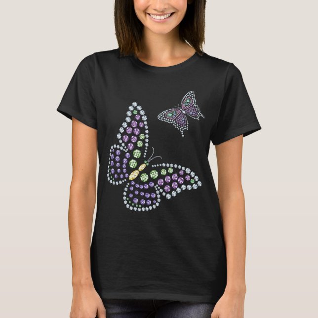 T-shirts Mulheres do diamante de Butterflys do cristal de (Frente)