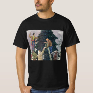 T-shirts Natal Antigo, Família Pendurando Luzes na Árvore