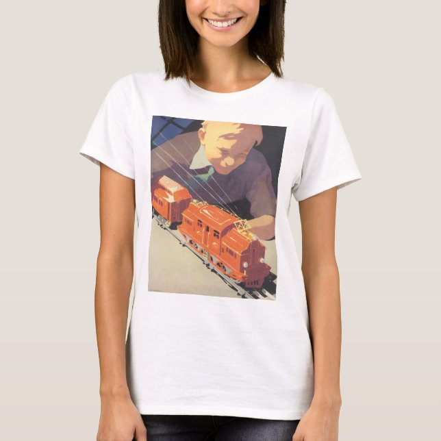 T-shirts Natal Antigo, Menino Brincando com Trem de Brinque (Frente)