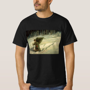 T-shirts Natal Antigo, Papai Noel Carregando uma Árvore