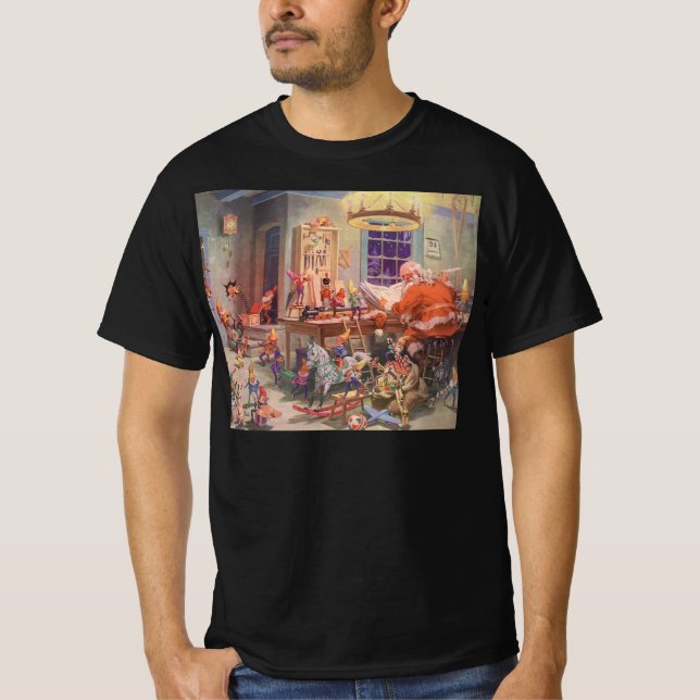 T-shirts Natal Antigo, Papai Noel com Oficina de Elfos (Frente)