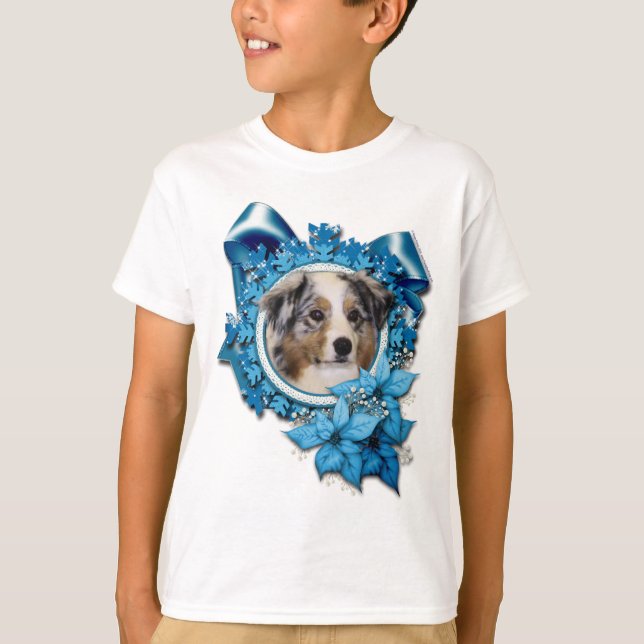 T-shirts Natal - Floco de Neve Azul - Pastor Australiano (Frente)