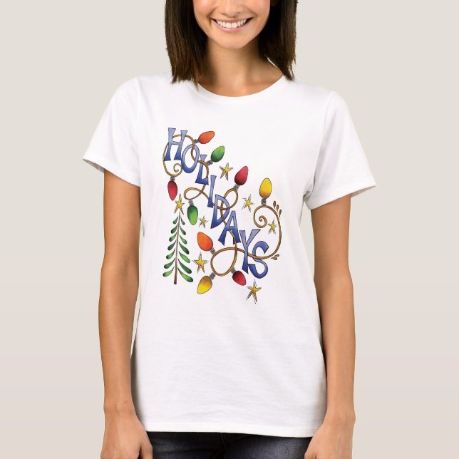 T-shirts Natal Fofo, Luzes e Estrelas com Texto de Feriado (Frente)