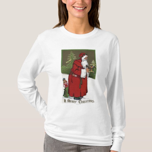 T-shirts Natal GreetingSanta com cavalo de madeira (Frente)