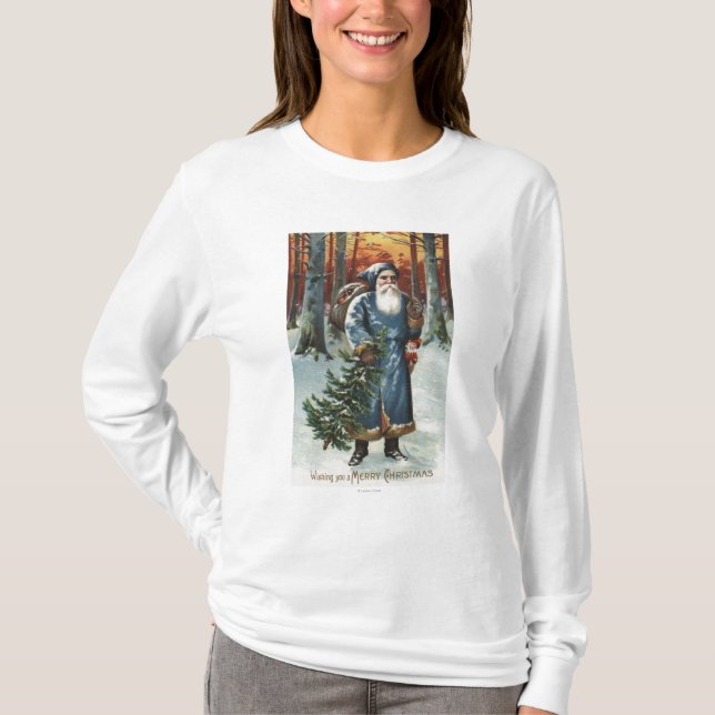 T-shirts Natal GreetingSanta no azul (Frente)