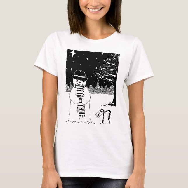 T-shirts Natal preto & branco do boneco de neve bonito da (Frente)