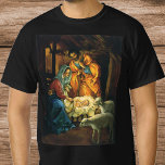 T-shirts Natividade dos natais vintages, Jesus dos Bebês em<br><div class="desc">Vintage ilustrando design de Natal religioso apresentando uma natividade clássica. Uma cena familiar religiosa cristã com Maria,  José e a criança Jesus Cristo na mangueira com cordeiro e ovelha. Belém.</div>