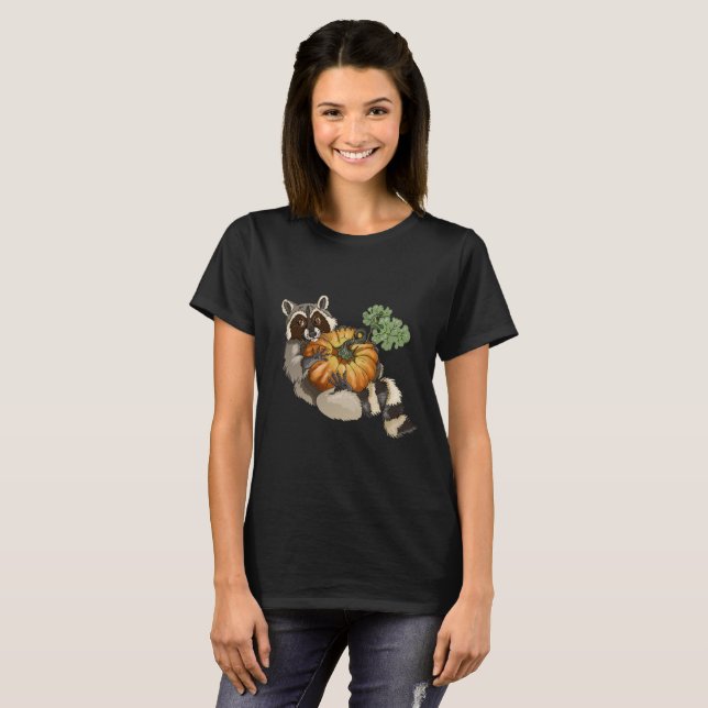 T-shirts No outono de Roll Raccoon Pumpkin (Frente Completa)