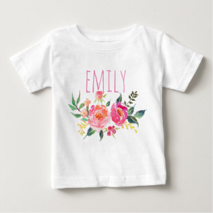 T-shirts Nome Personalizado Baby Girl Watercolor Floral-8