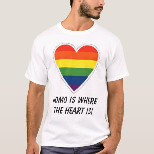T-shirts o coração do arco-íris, homo é onde o coraçã
