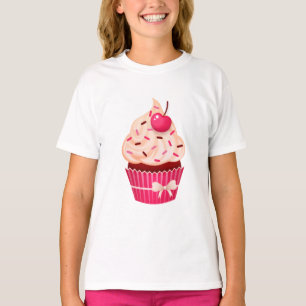 T-shirts O cupcake cor-de-rosa feminino com polvilha e