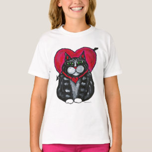 T-shirts O short gordo do gato e do coração sleeved o