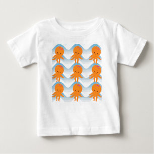 T-shirts Octopus Laranja E Padrão De Ondas Azuis