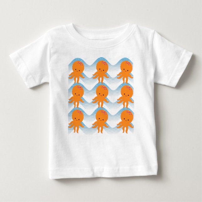 T-shirts Octopus Laranja E Padrão De Ondas Azuis (Frente)