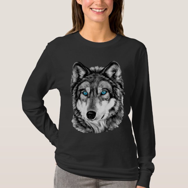 T-shirts Olhos azuis pintados do Grayscale do lobo (Frente)