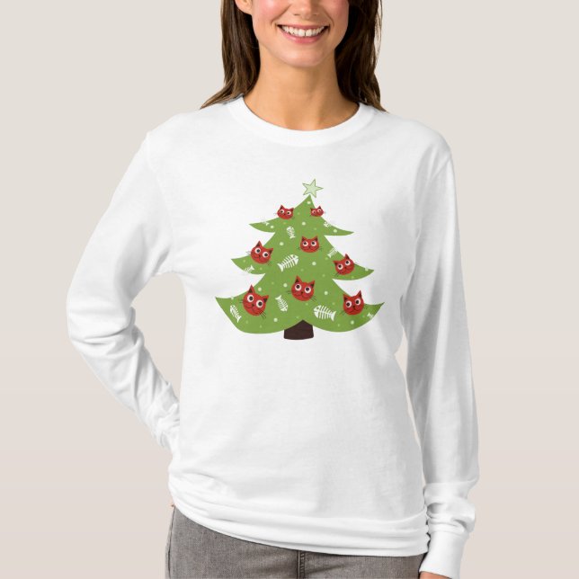 T-shirts Ornamento De Gatos E Peixes Árvores De Natal Longa (Frente)