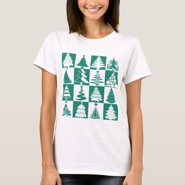 T-shirts Padrão de Árvore de Natal Verde Moderno (Frente)
