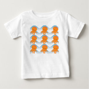T-shirts Padrão De Polvo Laranja E Ondas Azuis