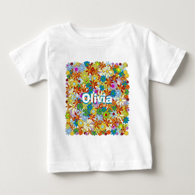 T-shirts Padrão Floral de Monograma ou Nome Personalizado (Frente)