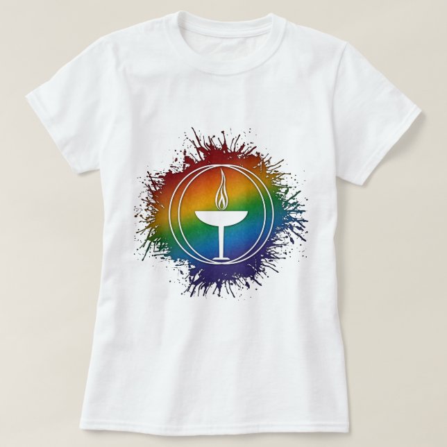T-shirts Paint Splatter LGBT Rainbow Universalismo Unitário (Frente do Design)