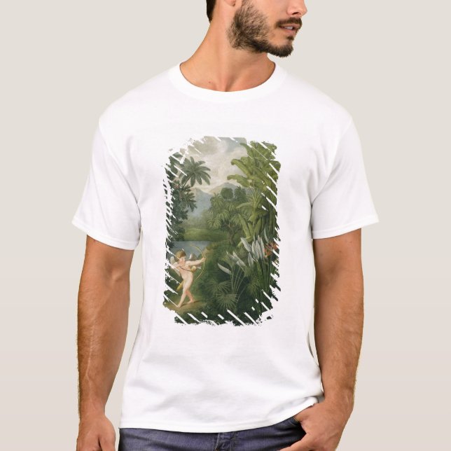 T-shirts Paisagem com Cupido apontando uma seta para um pap (Frente)