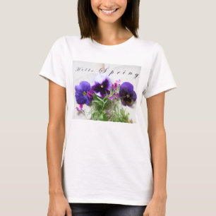 T-shirts Pansies, lobelia com a letra antiga. Olá Primavera